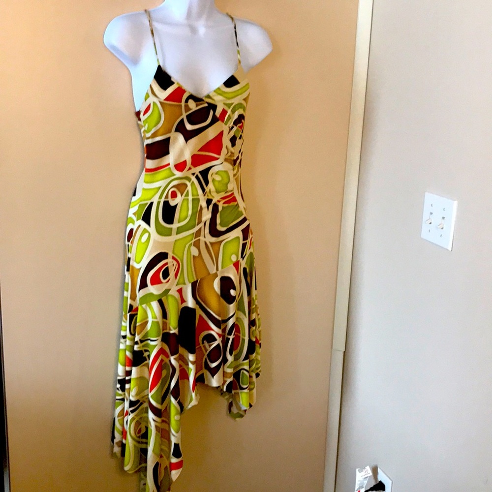 Multicolored asymmetrical low-cut strappy dress.